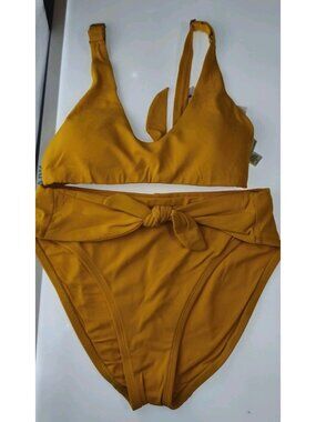 Robin Piccone Mustard Yellow Tie Front Bandeau Bikini Set NWT Size M